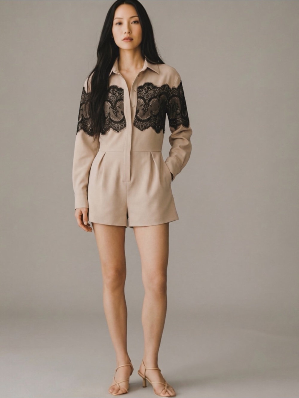 Anthropologie Women’s Lace Button-down Long-Sleeve Collared Shorts Romper NEW - Picture 4 of 13